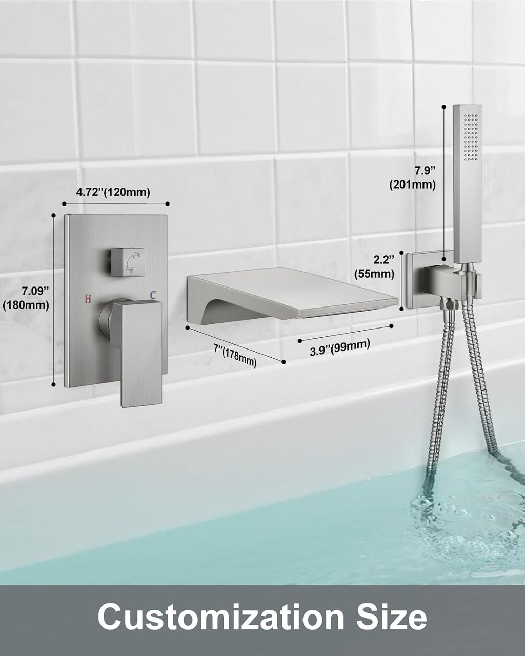 Aolemi Wall Mount Bathtub Faucet,Tub Faucet Set Waterfall Wall Mounted Tub Filler with Handheld Sprayer Single Handle,Brushed Nickel