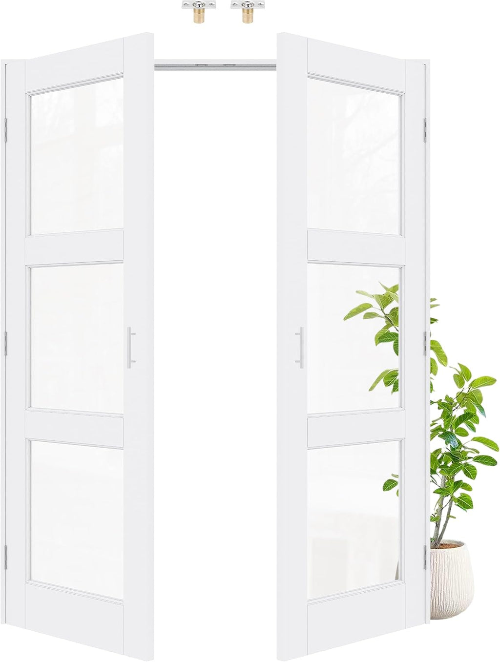 56' x 80' Ball Catch French Doors, 3 Panel Clear Glass Solid Core Pre-Finished & Paintable Double Doors with Ball Catches & Hinges & Handles, White Door, Swing Closet Door Interior