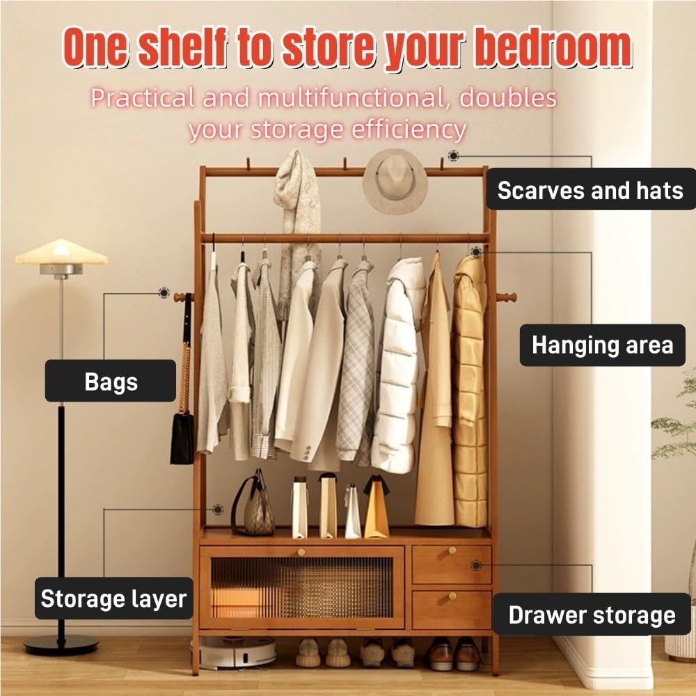 Heavy Duty Coat Rack Stand with Storage Drawers, Bamboo Clothing Rack with Double Hanging Rods and Bottom Shelf, Freestanding Garment Rail for Bedroom Living Room Entryway(Khaki,50cm/19.7in)