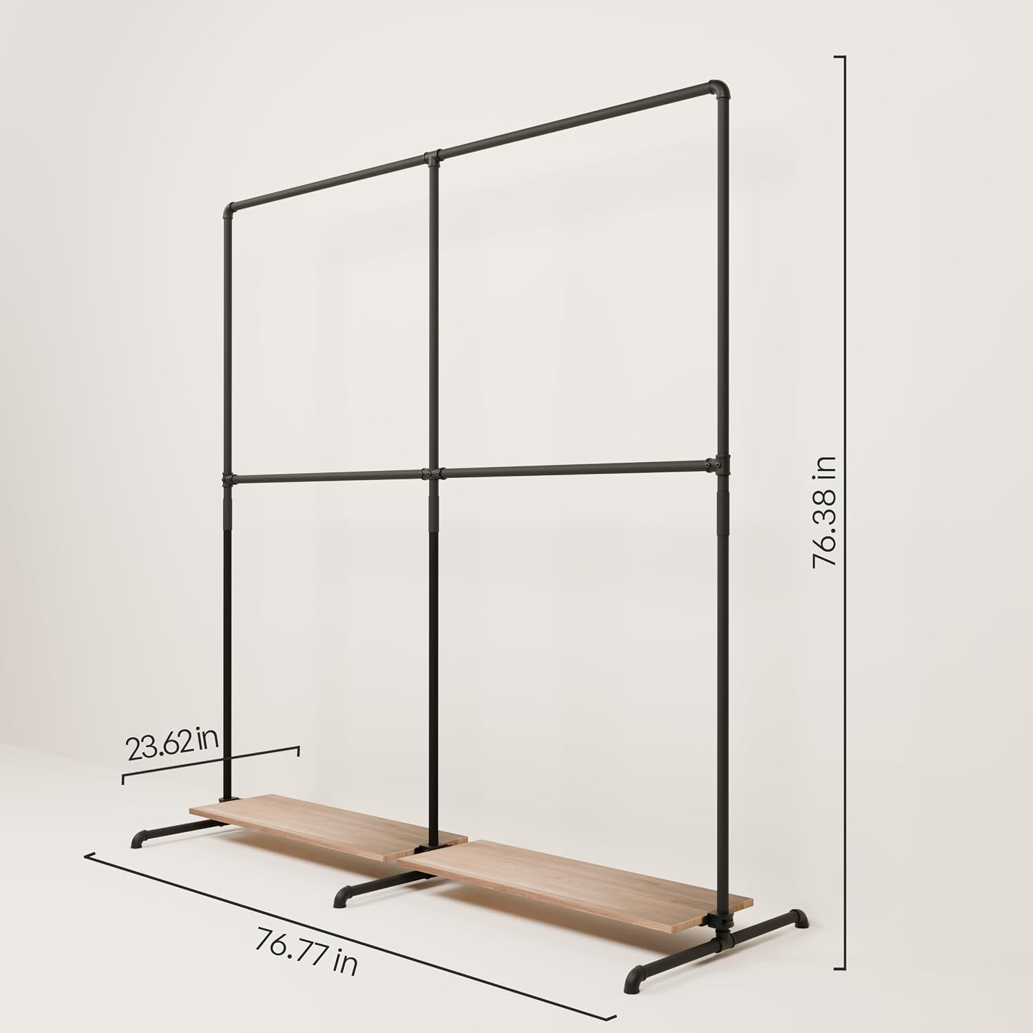 pamo Industrial Pipe Clothing Rack with Oak Shelf – 76' W x 76' H – Freestanding Metal Garment Rack for Bedroom, Walk-In Closet & Retail