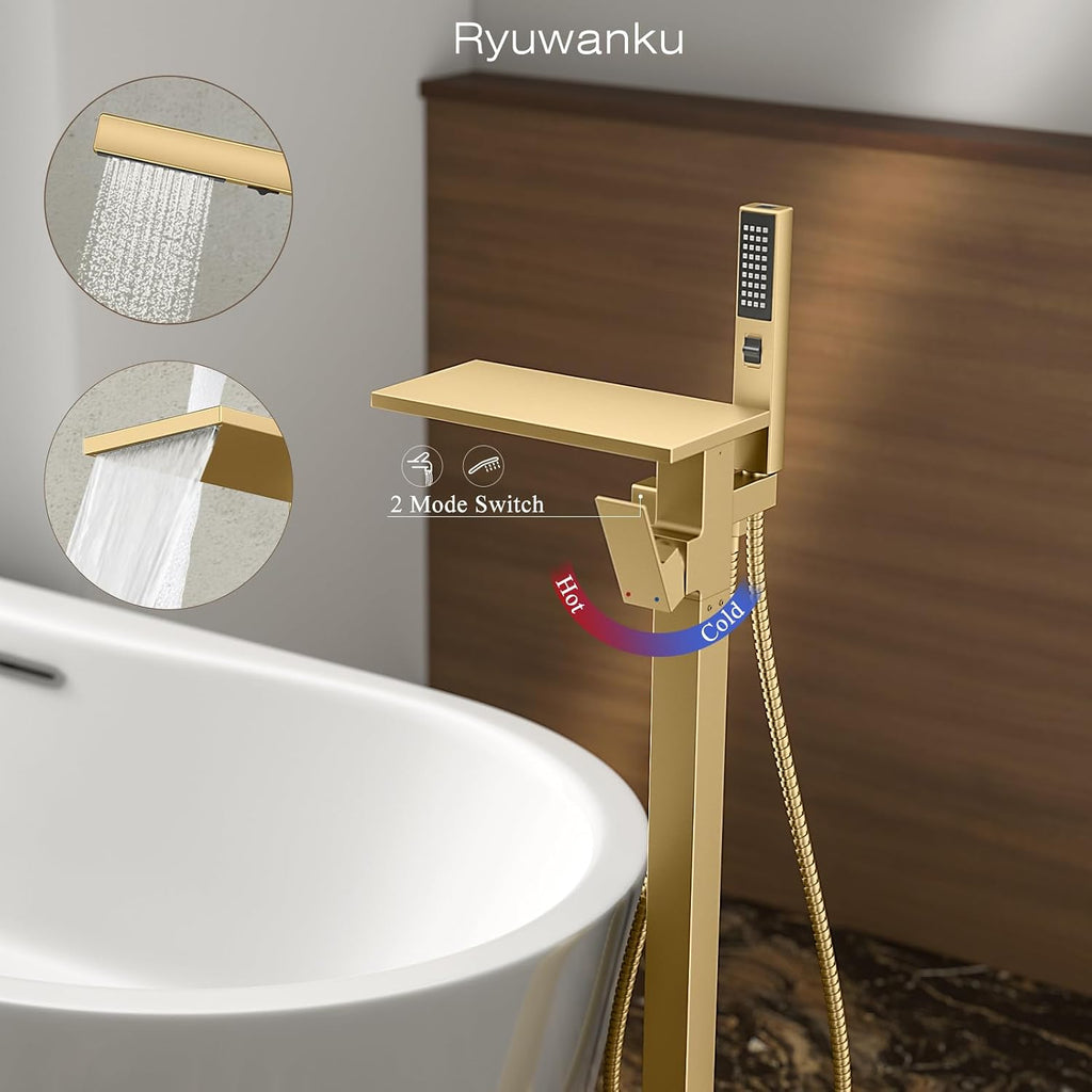 Freestanding Bathtub Faucet with Handheld Sprayer, Brushed Gold Floor Mount Tub Filler, High Flow Waterfall Brass Bath Shower Faucet for Modern Bathroom