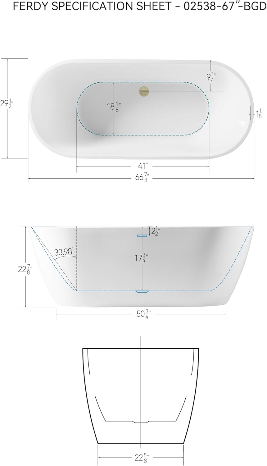 FerdY 67' Acrylic Freestanding Bathtub, Contemporary Soaking tub with Brushed Gold Drain, cUPC Certified, Elegant Oval Shape, Bali