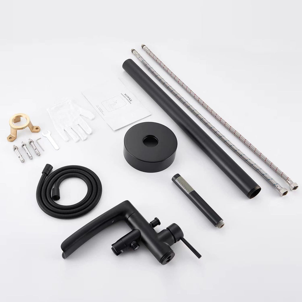 Wowkk Waterfall Freestanding Bathtub Faucet Black Floor Mount Tub Filler Brass Single Handle Bathroom Faucets with Hand Shower
