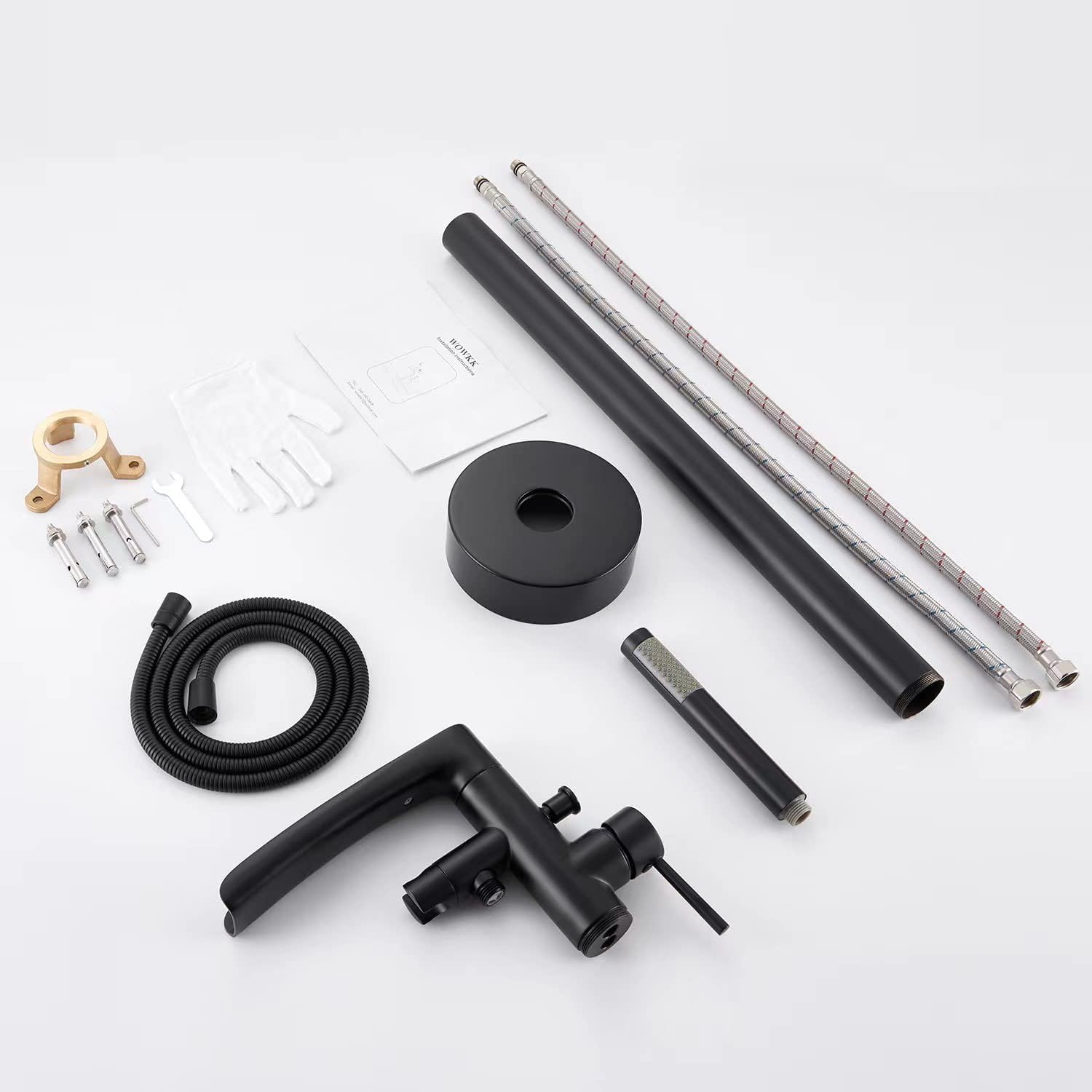 Wowkk Waterfall Freestanding Bathtub Faucet Black Floor Mount Tub Filler Brass Single Handle Bathroom Faucets with Hand Shower