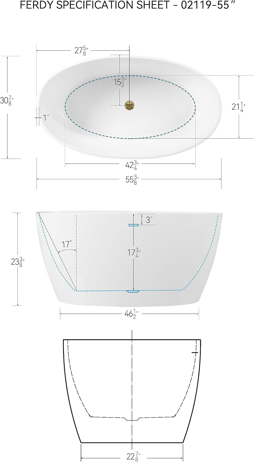 FerdY Tahiti 55' Acrylic Freestanding Bathtub, Elegant Oval Shape Soaking Bathtub, Glossy White, Polished Gold Drain & Bath Pillow for Bathtub,Thick Tub Pillows, Breathable 4D Air Mesh