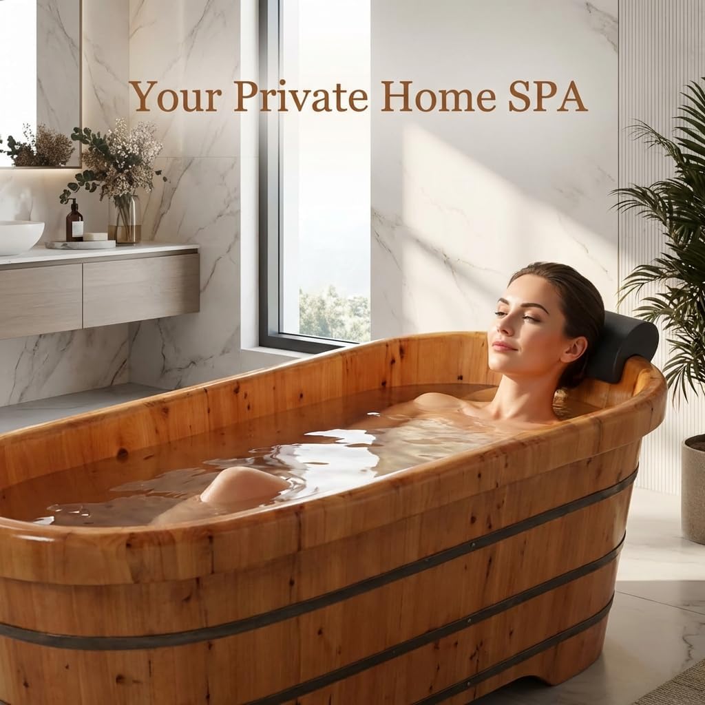 55 In Cedar Wood Bathtub for Adults, Wave-Base Water-Saving Wooden Bath Tub, Eco-Friendly Solid Wood Bath Barrel, Premium Sauna Wood Bath Tub for Home and Commercial Use