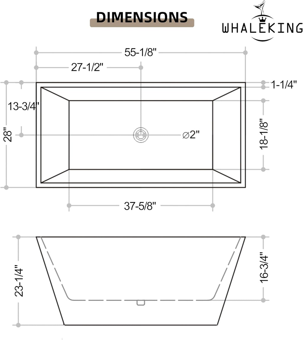 55 inch Square Free Standing Soaking Bathtub, Contemporary Stand Alone Freestanding Acrylic Tub with Center Chrome Drain & Overflow, Glossy White