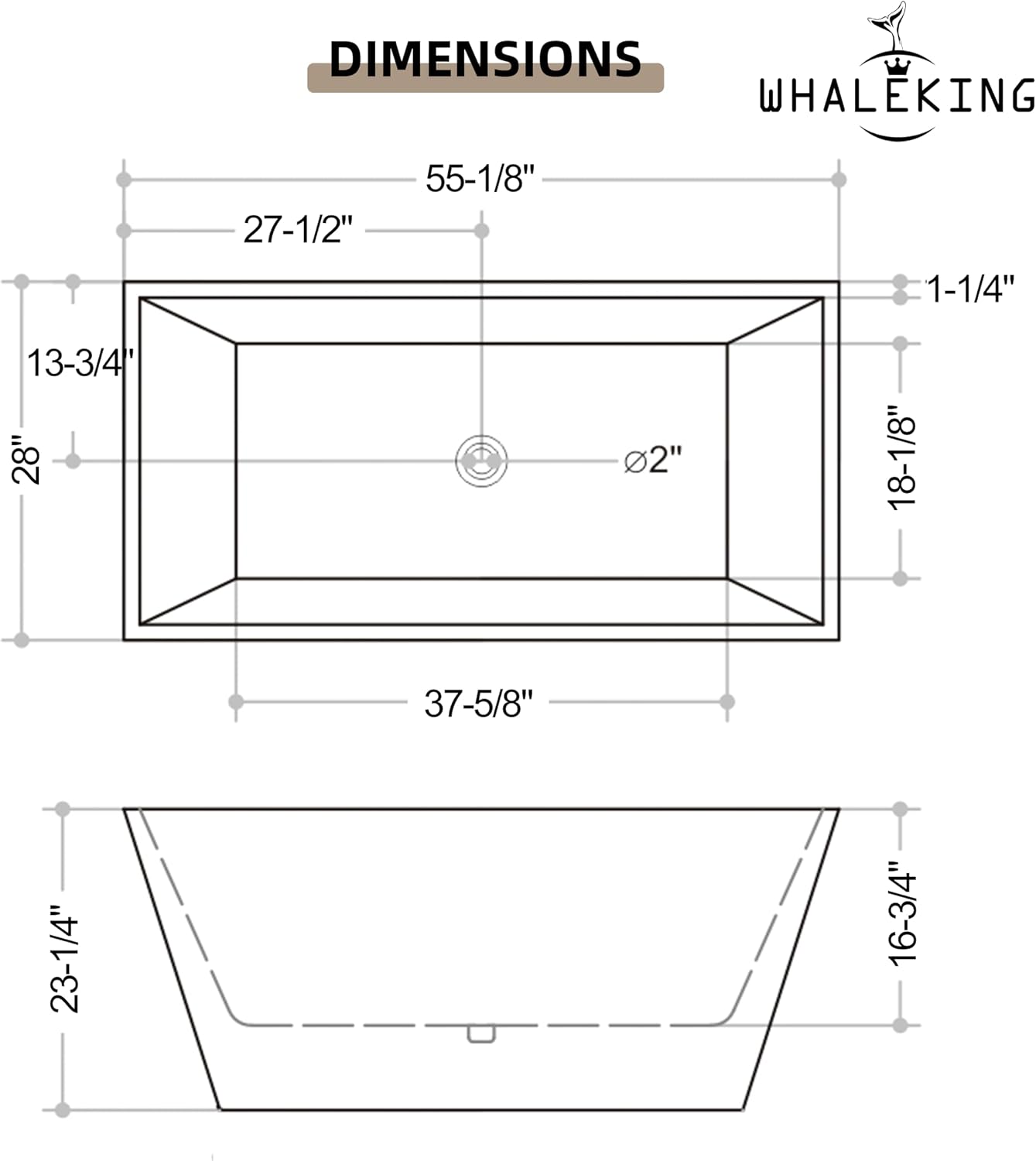55 inch Square Free Standing Soaking Bathtub, Contemporary Stand Alone Freestanding Acrylic Tub with Center Chrome Drain & Overflow, Glossy White