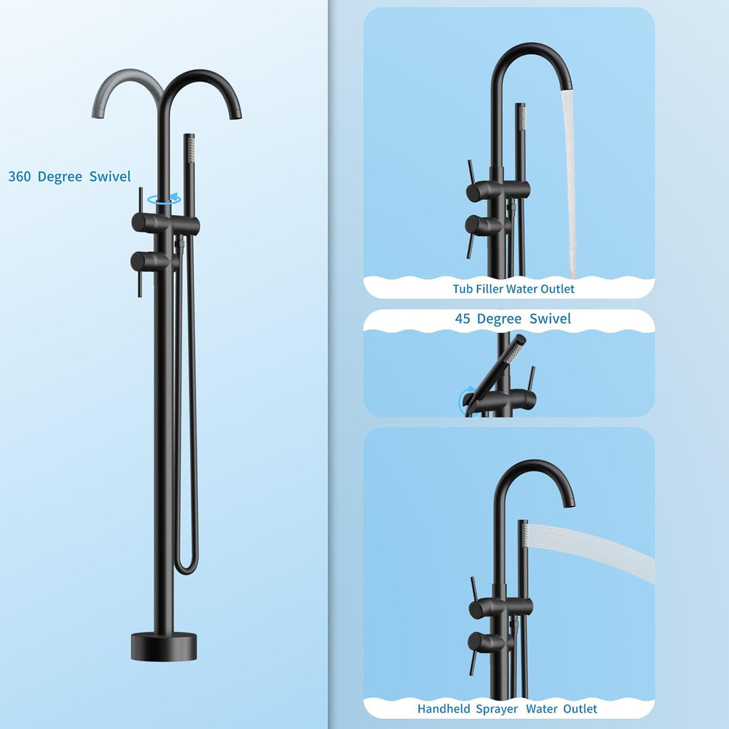 Freestanding Bathtub Faucet,Tub Filler Floor Mount Stand Bathtub Faucet Brass Bathroom Tub Faucets with 2 Function Hand Shower Wand Swivel Matte Black