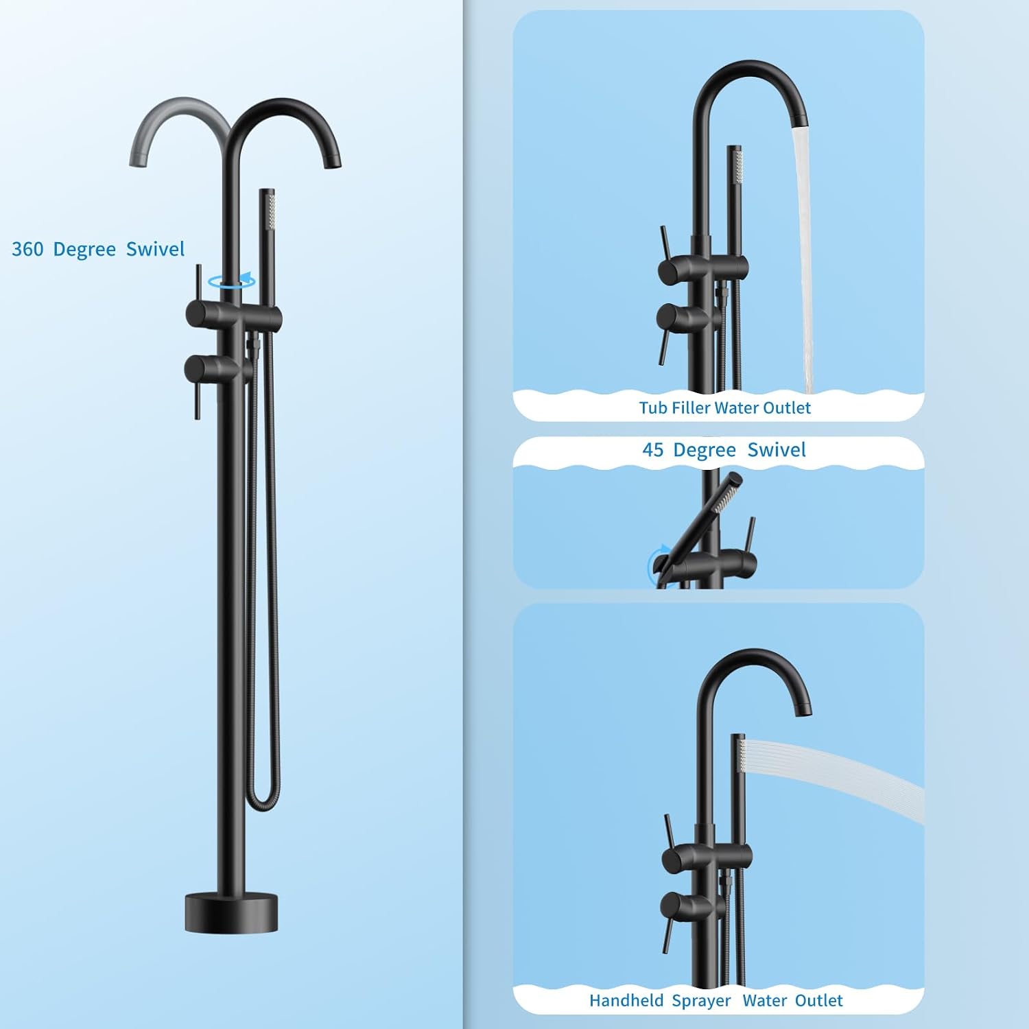 Freestanding Bathtub Faucet,Tub Filler Floor Mount Stand Bathtub Faucet Brass Bathroom Tub Faucets with 2 Function Hand Shower Wand Swivel Matte Black