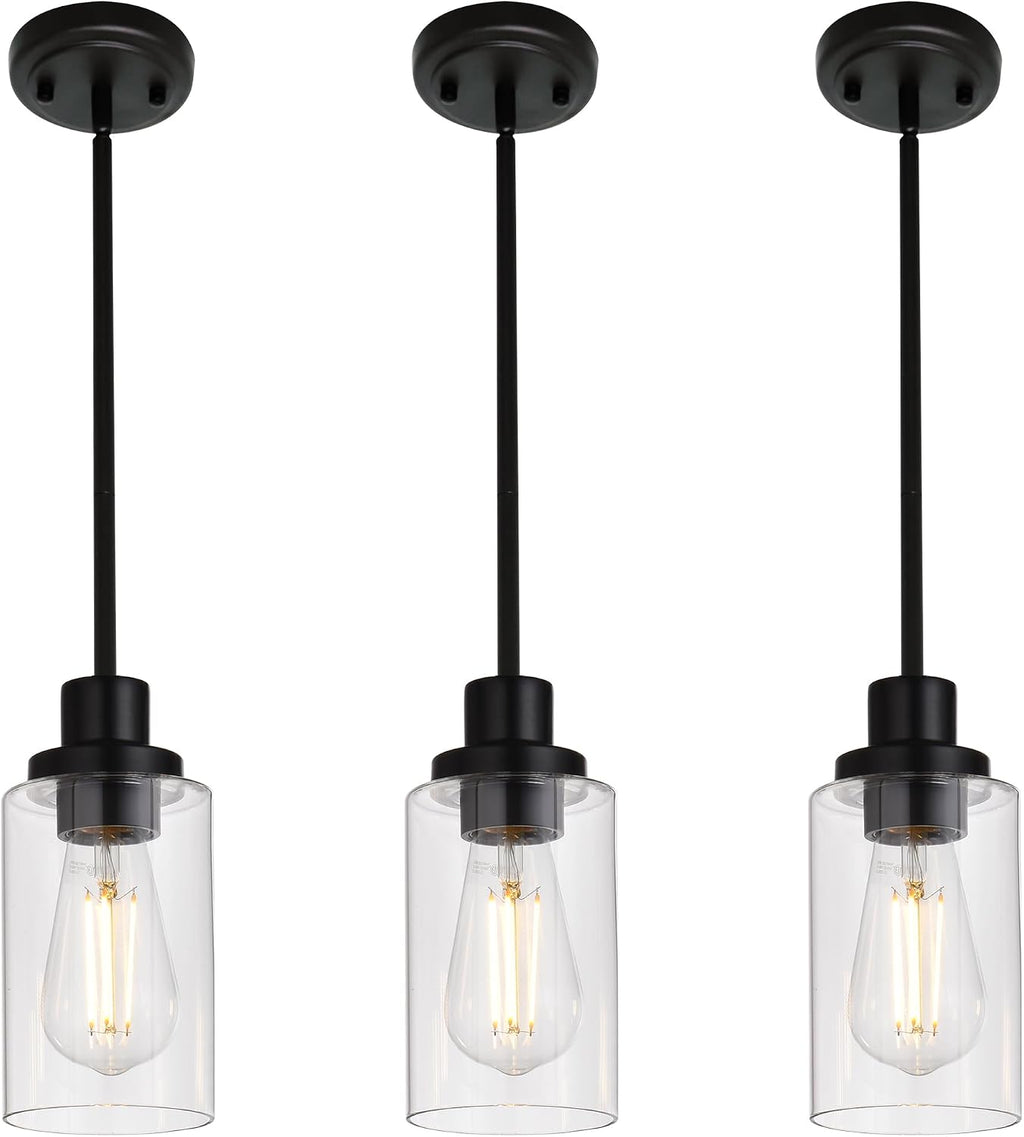 MELUCEE Kitchen Island Pendant Lighting 3 Pack Adjustable Black Hanging Ceiling Lamp with Clear Glass Shade for Bar Dining Room Corridor Living Room Bedside, 1-Light