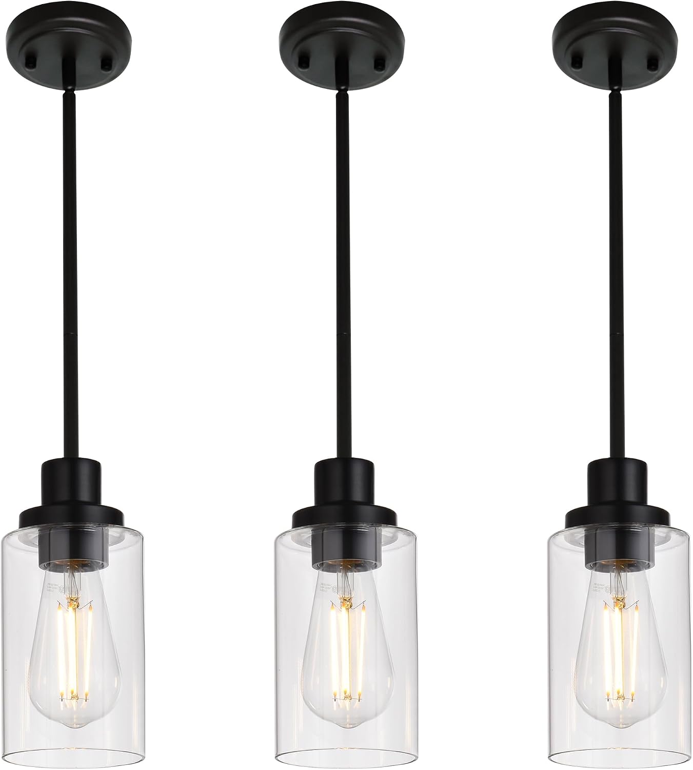 MELUCEE Kitchen Island Pendant Lighting 3 Pack Adjustable Black Hanging Ceiling Lamp with Clear Glass Shade for Bar Dining Room Corridor Living Room Bedside, 1-Light
