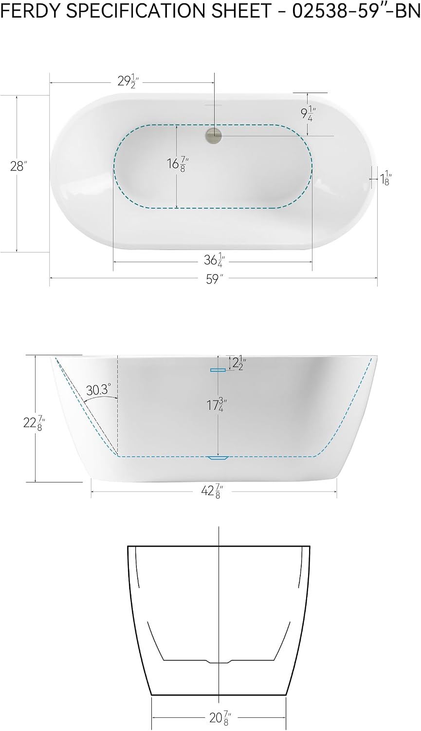 FerdY 59' Acrylic Freestanding Bathtub, Contemporary Soaking tub with Brushed Nickel Drain & Overflow, cUPC Certified, Elegant Oval Shape, Bali