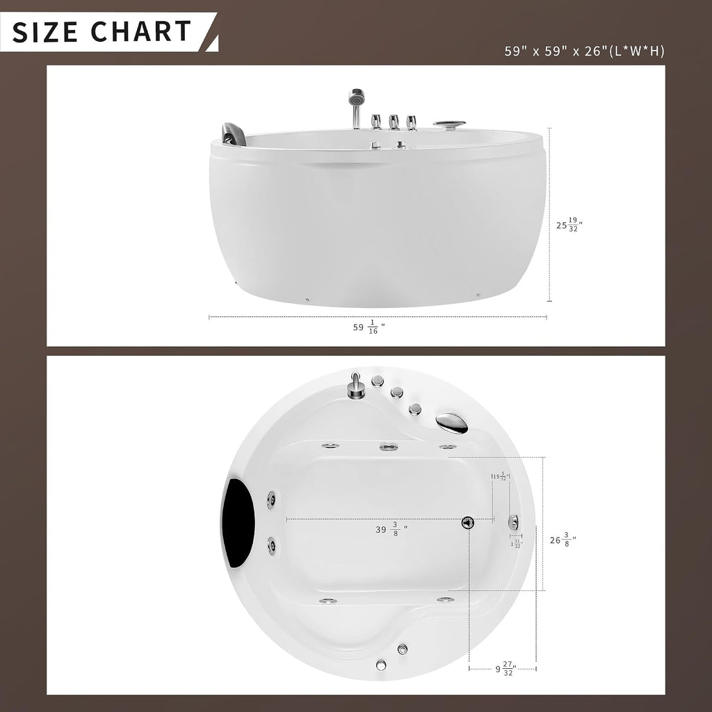 Empava 59' Acrylic Freestanding Whirlpool Bathtub Hydromassage Round Jetted Soaking Tub with Right Side Drain and Waterfall Faucet