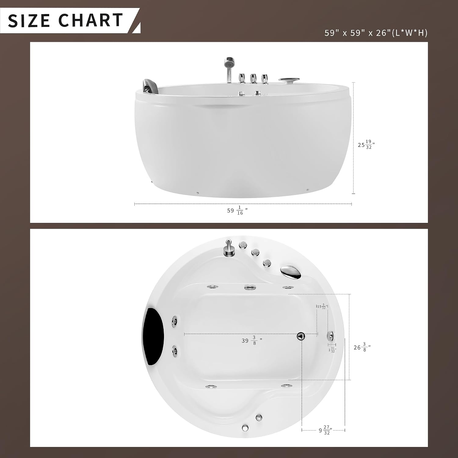 Empava 59' Acrylic Freestanding Whirlpool Bathtub Hydromassage Round Jetted Soaking Tub with Right Side Drain and Waterfall Faucet