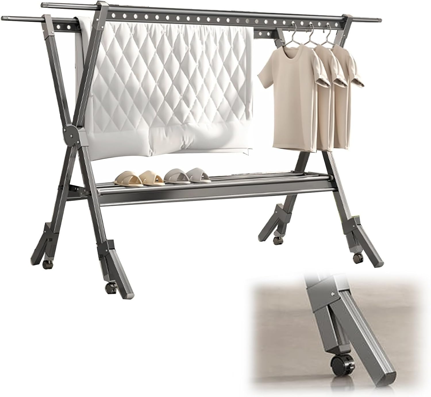 X-Shaped Drying Rack Collapsible, Free-Standing Airer, Clothes Drying Rack, Metal Laundry Rack, Foldable Laundry Rack for Air Drying Clothing, Garment Rack - Rolling Clothes H,Gray