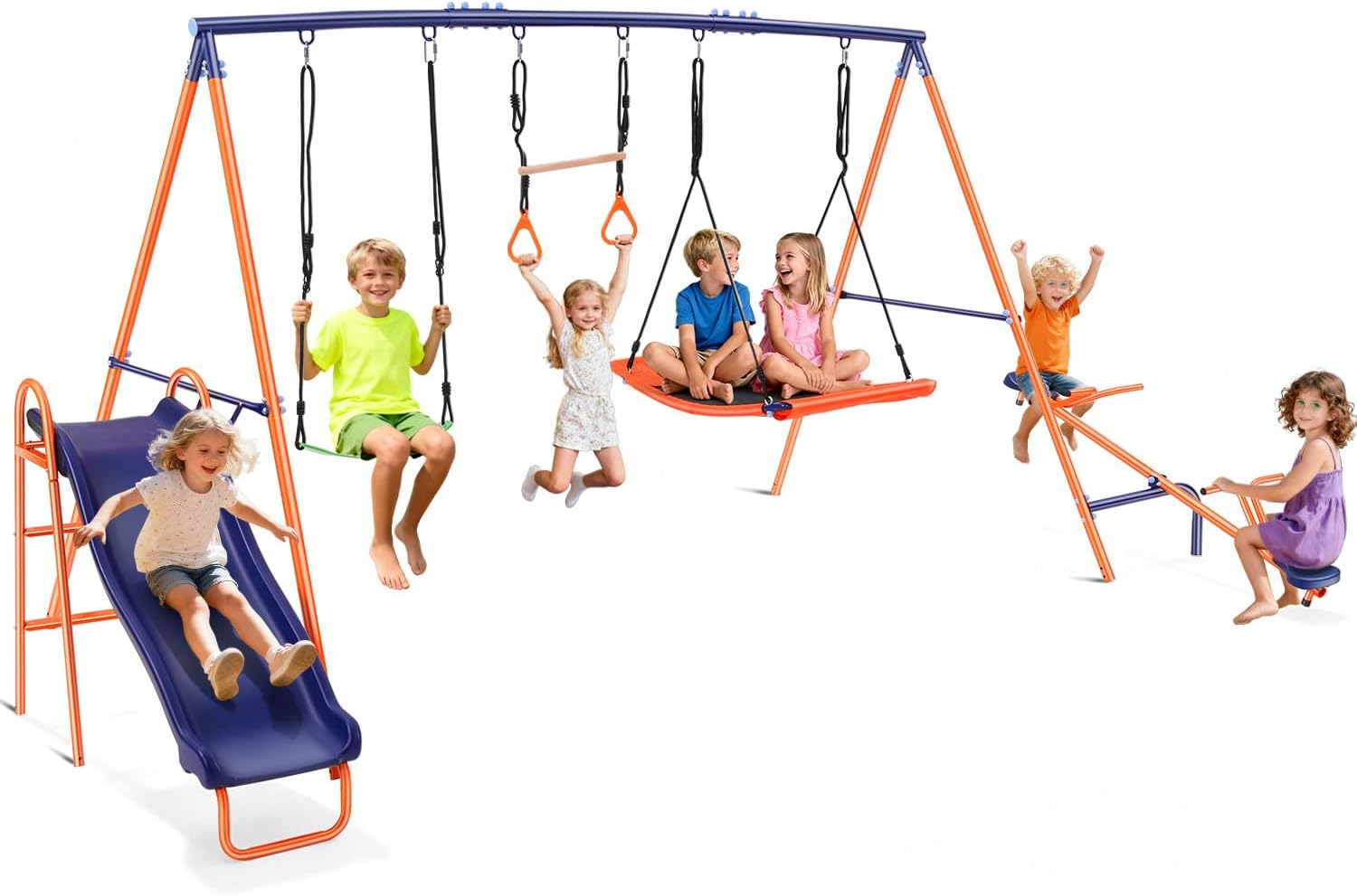 Swing Sets for Backyard Kids 3-12, Outdoor Playground Swingset with Slide&Teeter-Totter,700LBS Heavy Duty Swing Set with 2 Adjustable Swings,Ring Trapeze Bar- Large Metal Playset for Toddlers Children