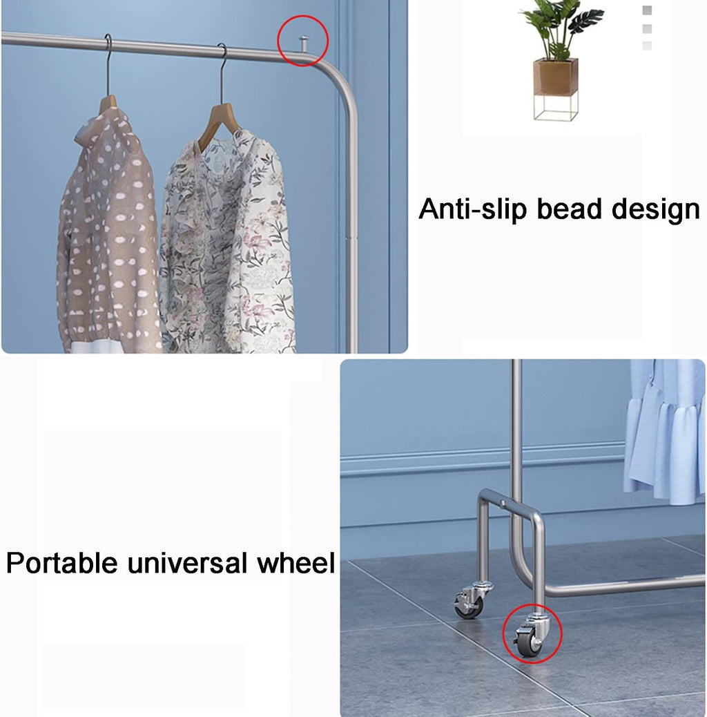 Heavy duty Garment rack Silver Stainless Steel Clothing Rack On Wheels Heavy Duty Clothes Rails For Bedrooms And Laundry Rooms Freestanding Hanger Single Rod Coat Rack Stand Holds 100 Kg ( 100X40X150