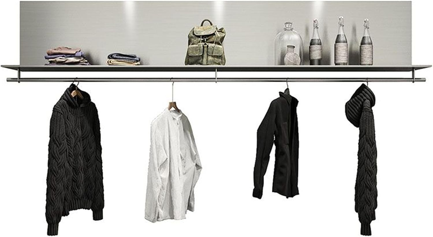 Coat Rack Industrial Wall Pipe Clothes Bar，Wall Mounted Stainless Steel Retail Display Garment Rack，Laundry Room Shelves Closet Storage，Clothes Rack Hanging Rod for Bedroom Living Room