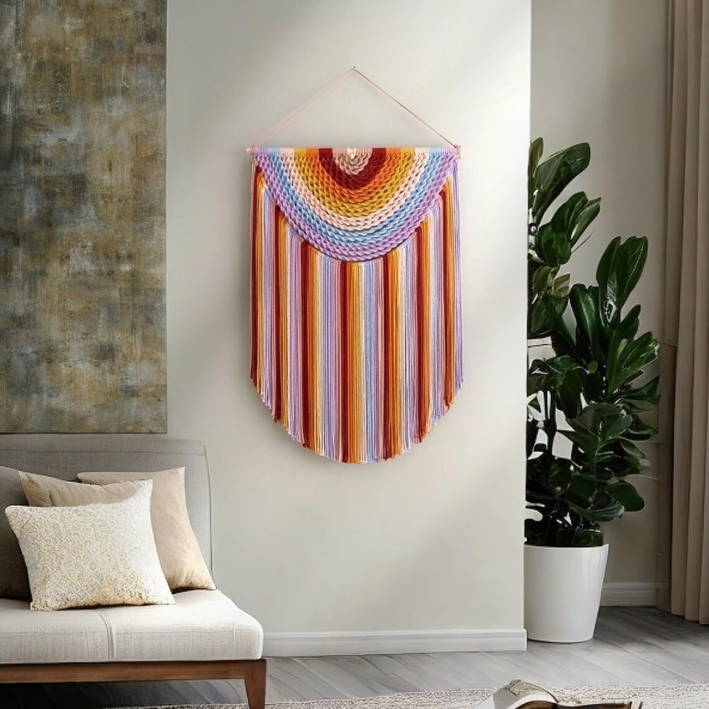 Colorful Cotton Wall Tapestry, Boho Tapestry with Solid Wood Rod, Hand Woven Large Macrame Wall Hanging, Exquisite Woven Wall Decor for Living Room and Bedroom
