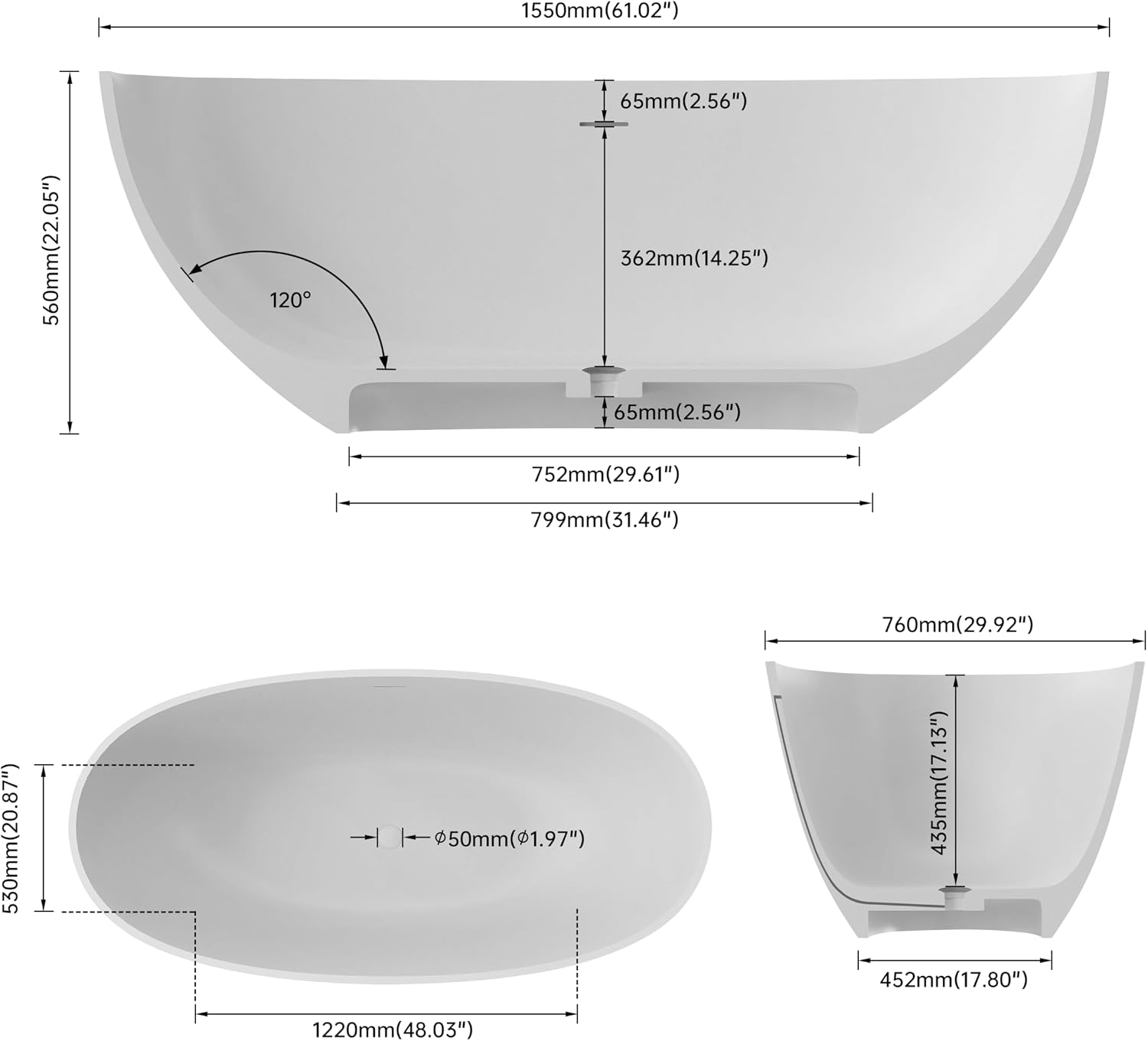 61'' Resin Stone Freestanding Bathtub, Oval Soaking Freestanding Bathtubs with Solid Surface, Soaking Tub with Overflow and Pop up Drain - Light Grey