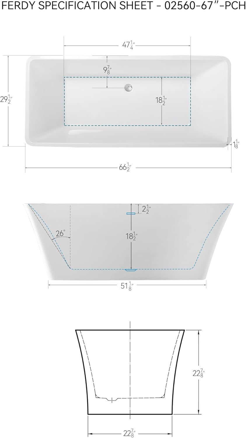 FerdY Sentosa 67' Acrylic Freestanding Bathtub, Contemporary Design Soaking Tub with Polished Chrome Drain and Minimalist Linear Design Overflow, Easy to Install, 02560