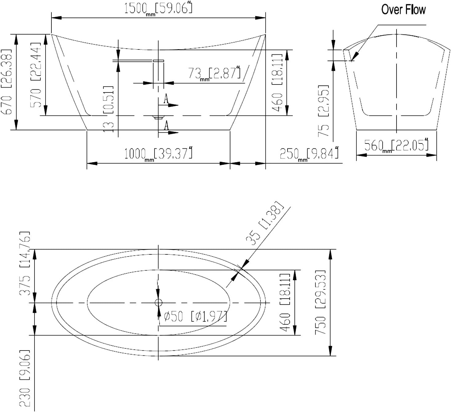 Empava 59' Freestanding Bathtub, Luxury Acrylic Soaking Tub with Custom Contemporary Design, Includes Brushed Nickel Drain and Overflow, Easy Installation, cUPC Certified, White