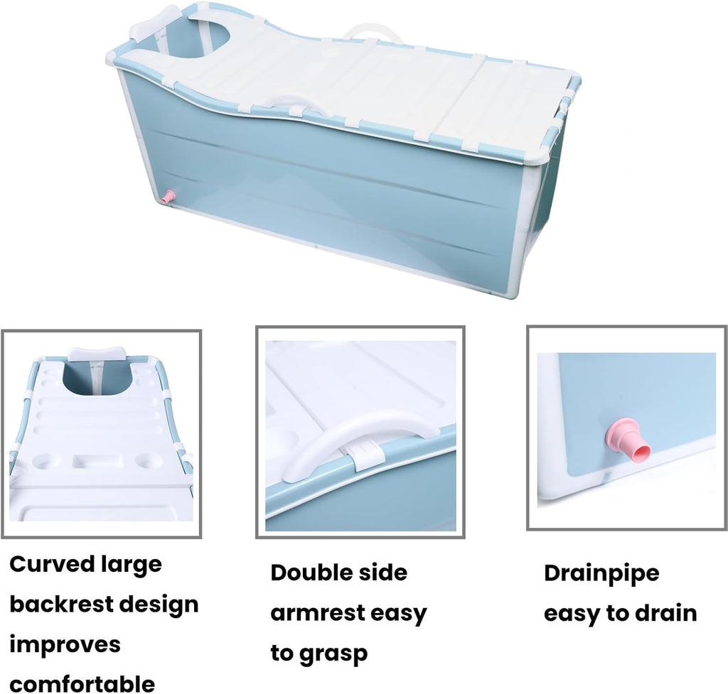 Portable Foldable Bathtub 53In Freestanding Bathtub with Lid & Drain-pipe, Blue Thickened Plastic Collapsible Soaking Bath Tub for Adults, Bearing Capacity 92.48lbs (with Lid)