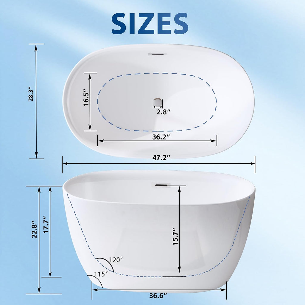 47' Acrylic Freestanding Bathtubs, Oval Shaped Soaking Tub, Stand Alone Tubs with Pop-UP Chrome Drain for Small Bathroom, Slotted Overflow, cUPC Certified -Gloss White
