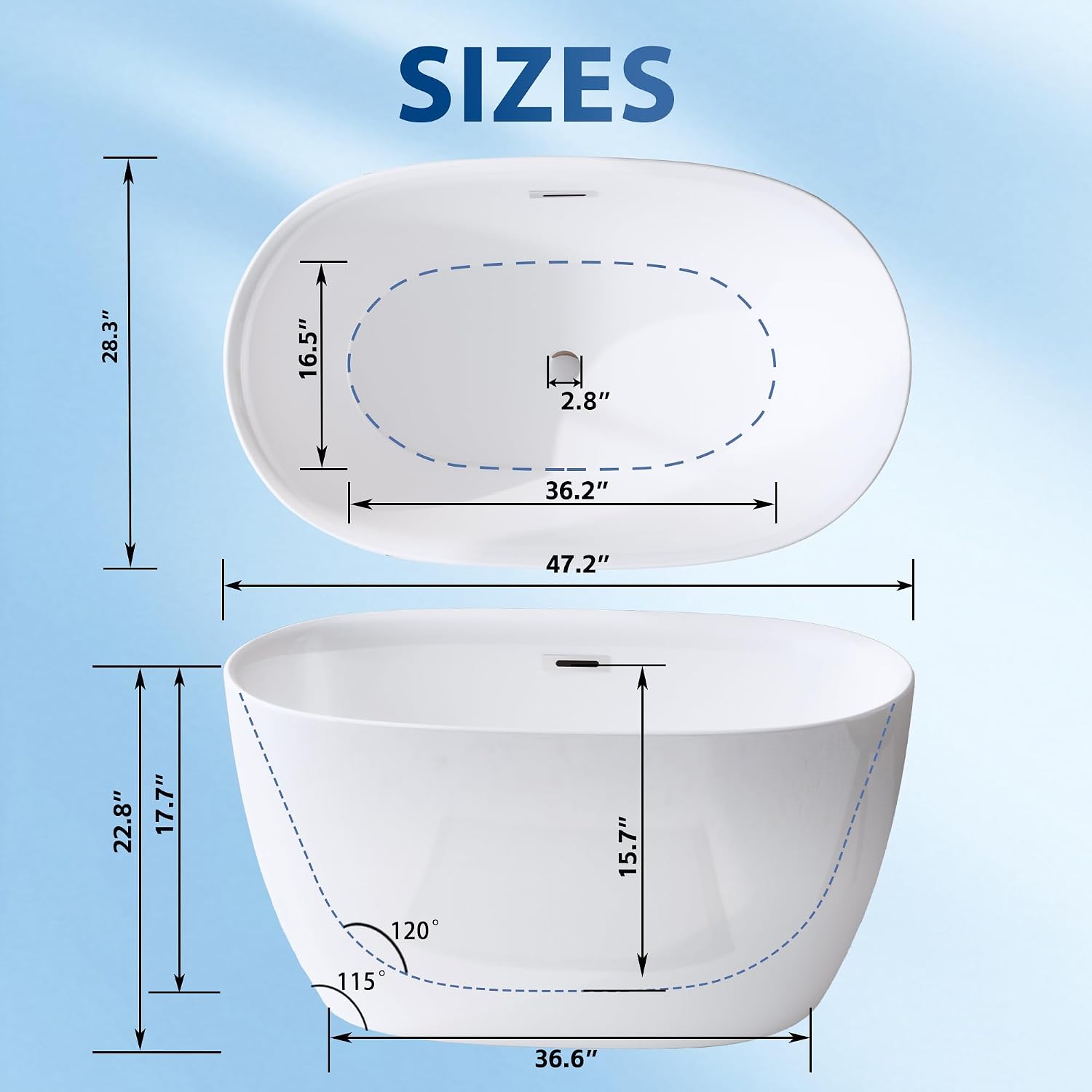 47' Acrylic Freestanding Bathtubs, Oval Shaped Soaking Tub, Stand Alone Tubs with Pop-UP Chrome Drain for Small Bathroom, Slotted Overflow, cUPC Certified -Gloss White