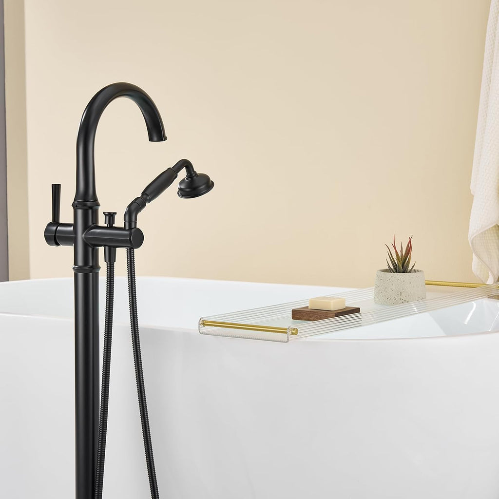 Wowkk Freestanding Bathtub Faucet Black Free Standing Tub Filler Brass Bathtub Faucets Floor Mounted Bathroom Tub Faucet with Hand Shower