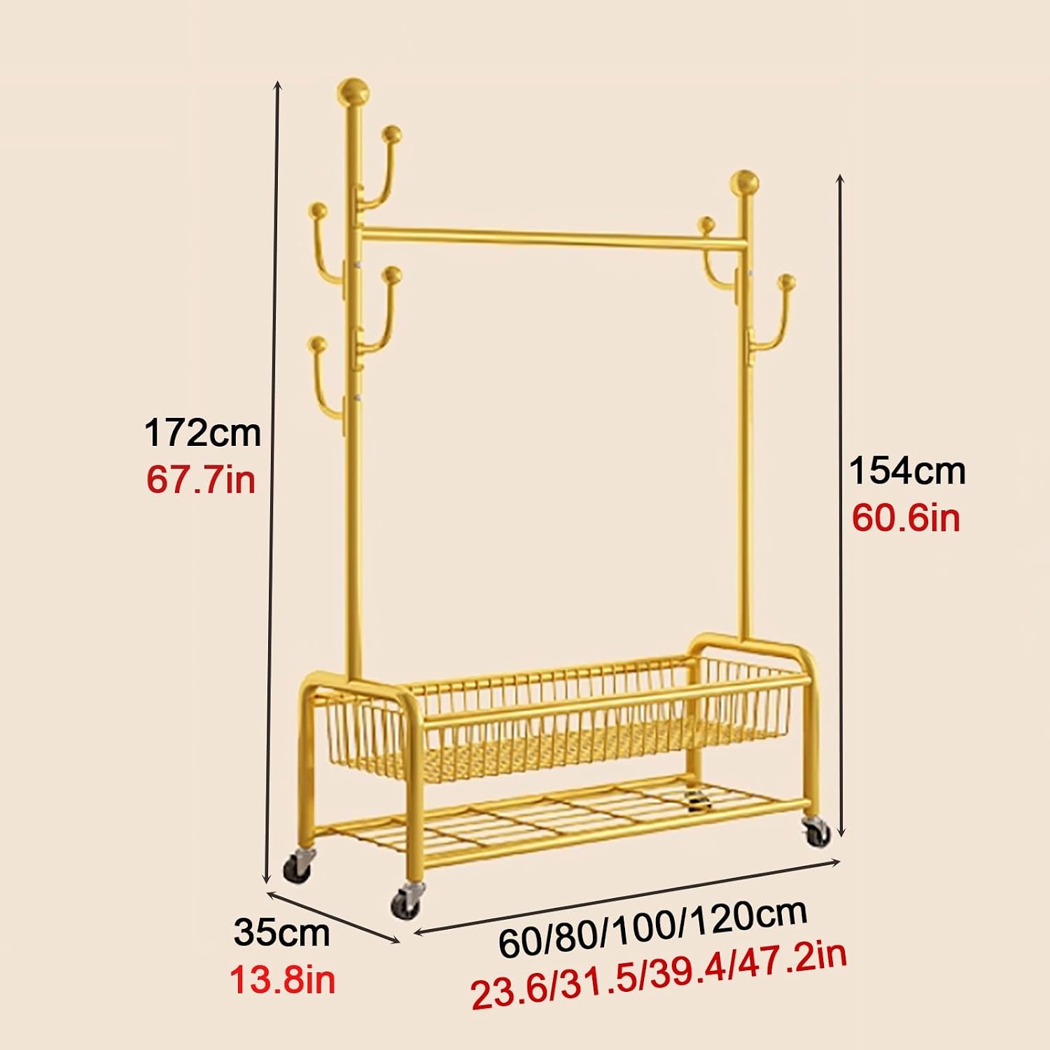 Clothes Rack With Storage Basket For Hanging Clothes,Rolling Heavy Duty Clothing Rack With Wheels,Metal Garment Racks With Coat/Hat Hooks,Freestanding Clothing Organizer(White,80cm(31.5in))