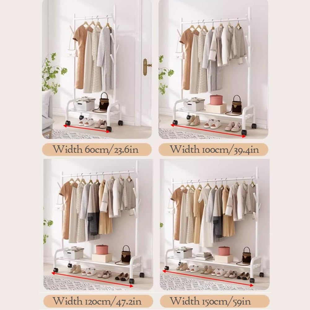 Metal Garment Rack with Wheels, Clothes Rail with Side Hooks and Storage Shelf, Rolling Clothing Organizer, Load Capacity 198lbs (Color : White, Size : 150x37x154cm) (White 60x37x154cm)