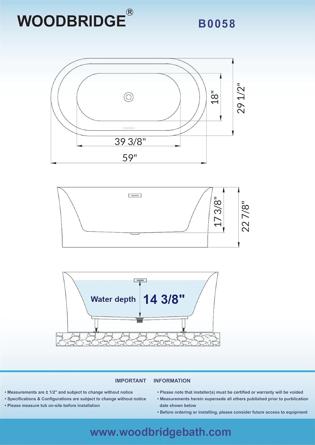 WOODBRIDGE 59' Acrylic Freestanding Bathtub Contemporary Soaking Tub with Matte Black Overflow and Drain,White Tub,B0058-MB