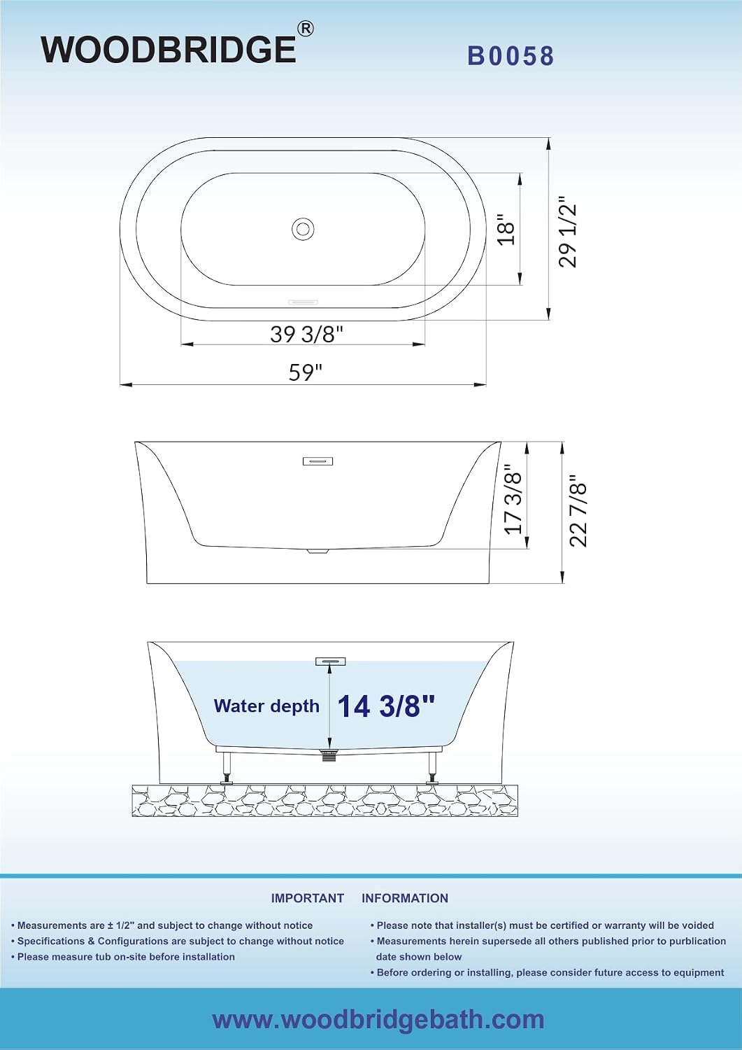 WOODBRIDGE 59' Acrylic Freestanding Bathtub Contemporary Soaking Tub with Matte Black Overflow and Drain,White Tub,B0058-MB