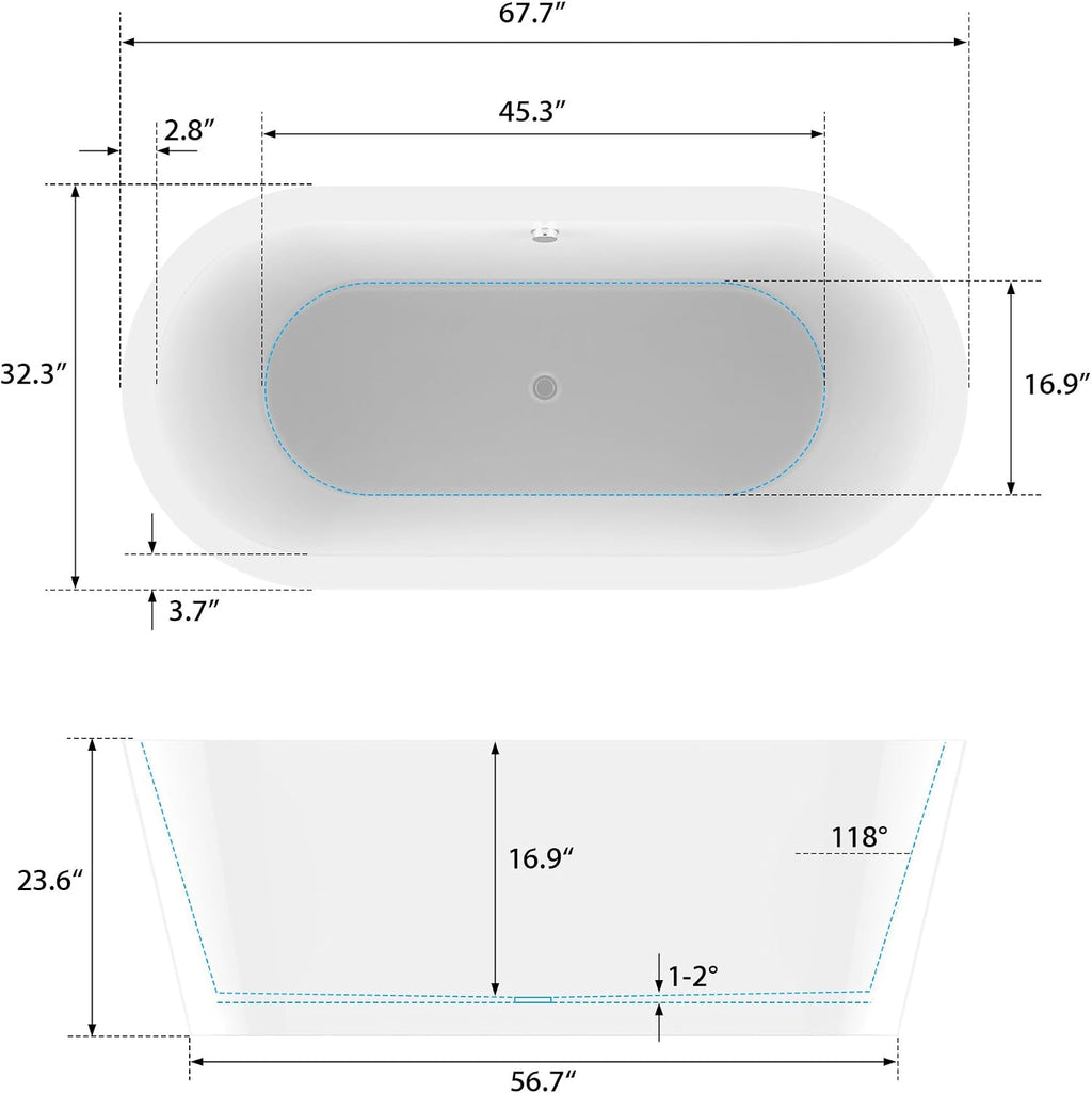 HomeBeyond 68 Inch White Freestanding Bathtub | Acrylic Free Standing Soaking Tub, Morden Bathroom Stand Alone Tub Suitable for 1-2 Person Bathing