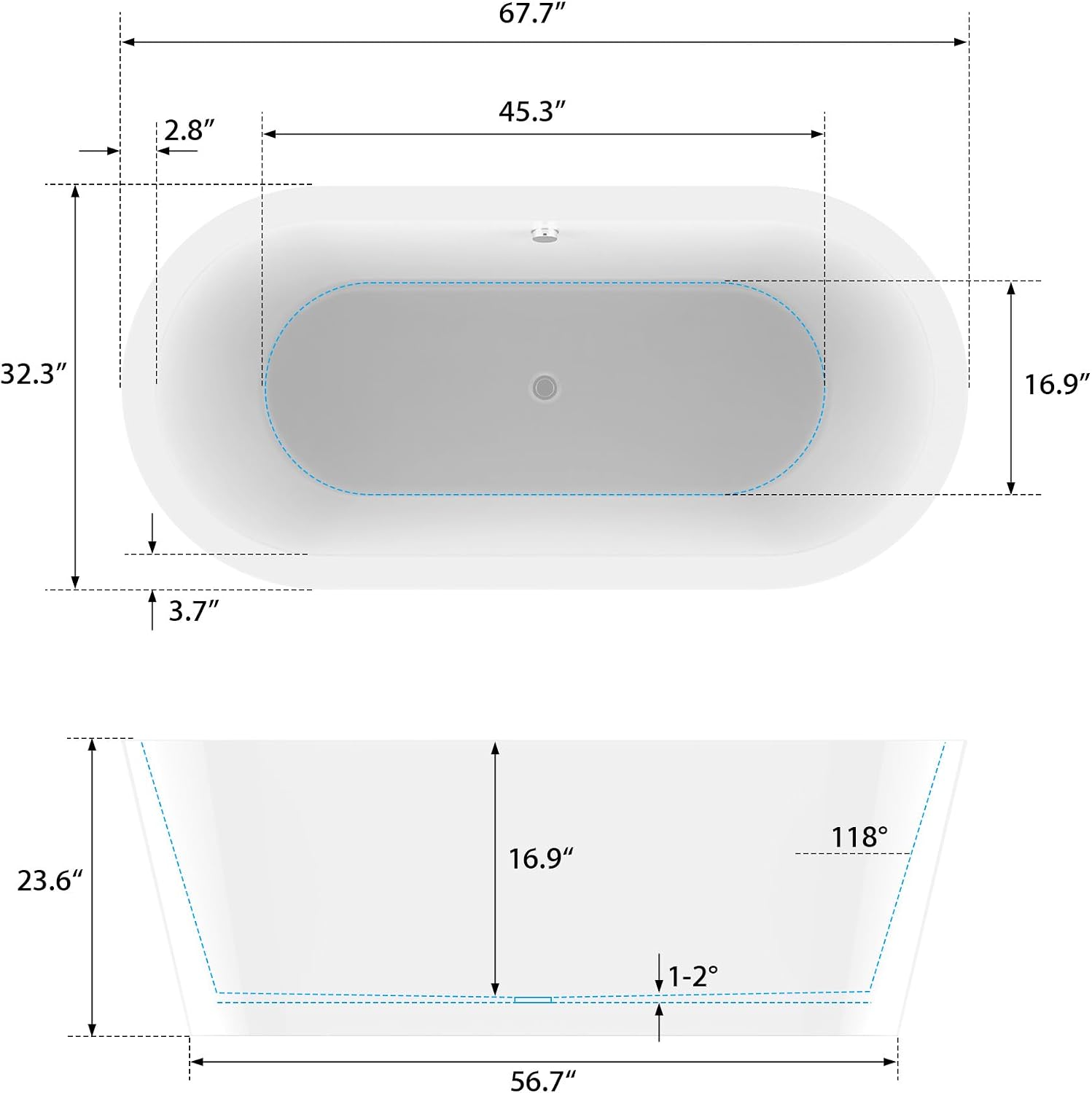HomeBeyond 68 Inch White Freestanding Bathtub | Acrylic Free Standing Soaking Tub, Morden Bathroom Stand Alone Tub Suitable for 1-2 Person Bathing
