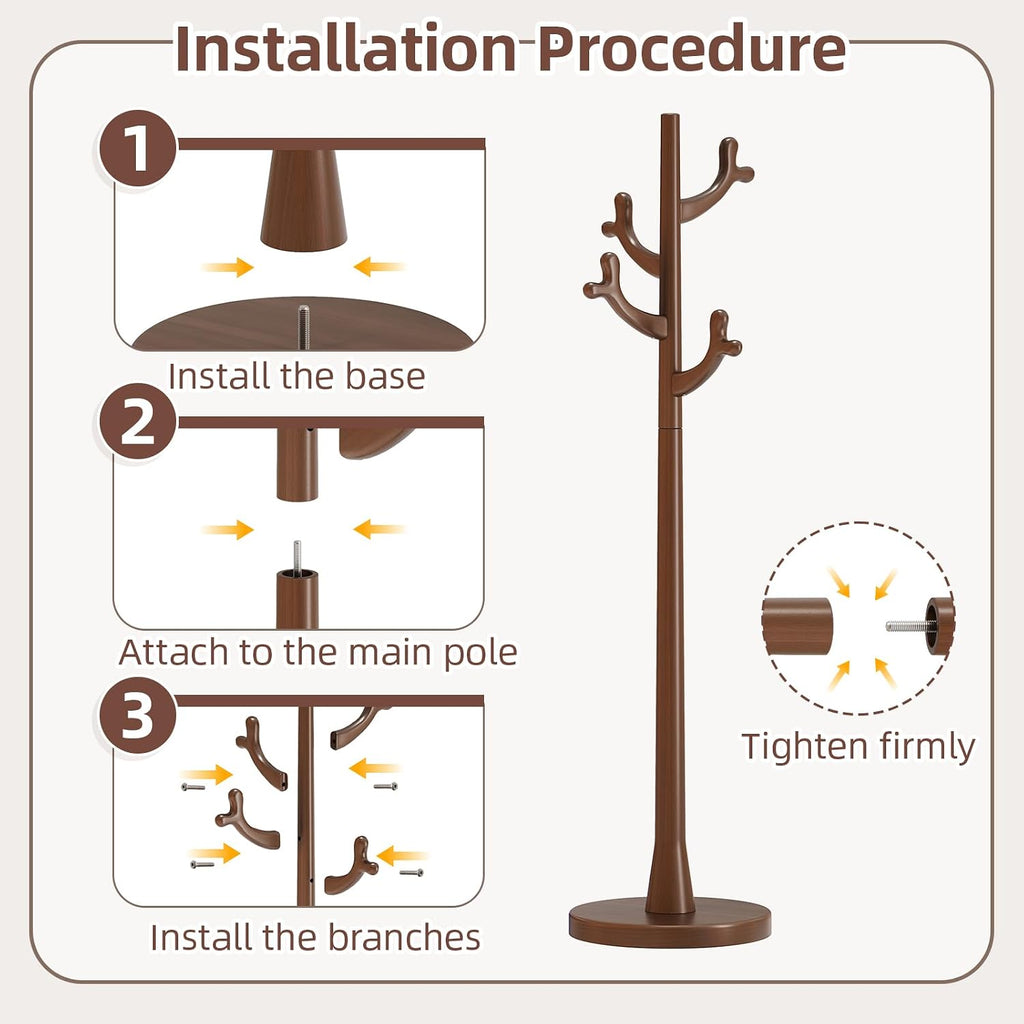 CozyDH Walnut Premium Solid Wood Freestanding Coat Rack, 4 Hooks Creative Tree Branch Look, Sturdy Standing Coat Tree for Entryway Bedroom Hallway Home Decor