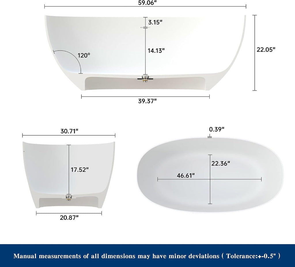 59' Premium Solid Surface Freestanding Bathtubs, Upgraded Matte White Modern Design Stand Alone Stone Resin Tub with Overflow and Pop-up Drain