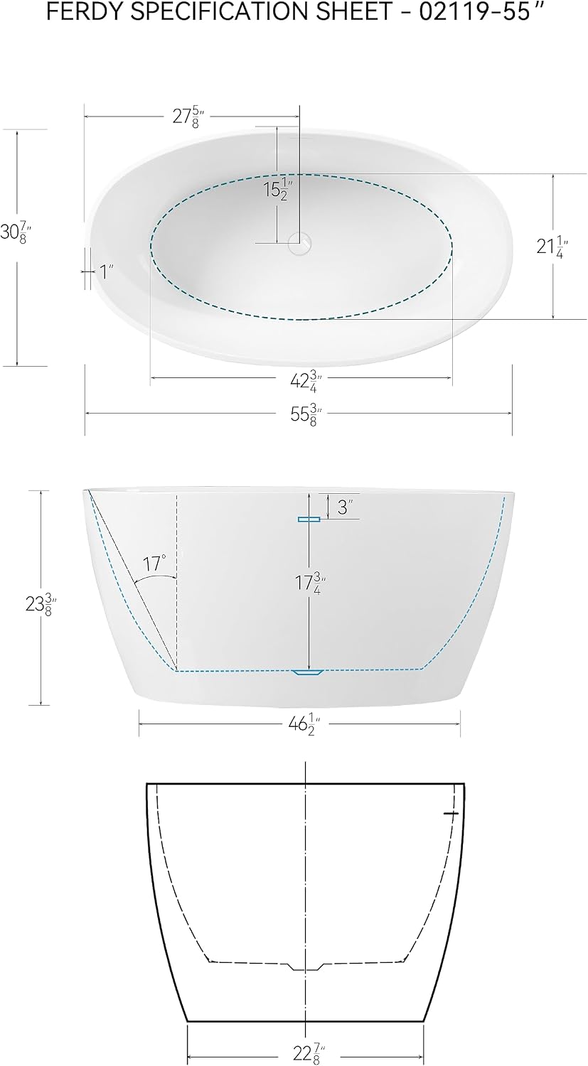 FerdY Tahiti 55' Acrylic Freestanding Bathtub, Elegant Oval Shape Soaking Bathtub, Glossy White, White Drain & Bath Pillow for Bathtub,Thick Tub Pillows, Breathable 4D Air Mesh
