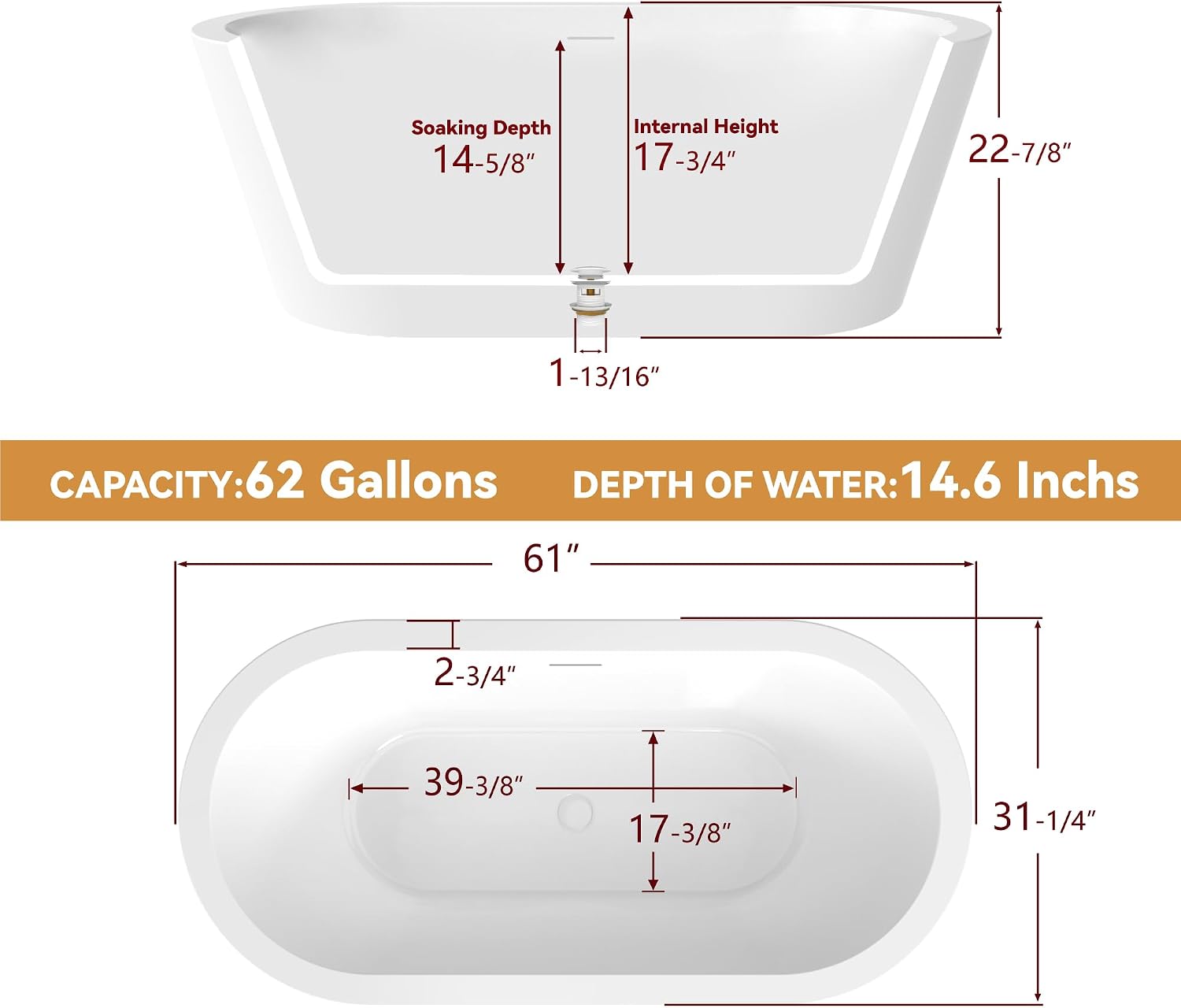 61 in. x 31 in.Classic Oval Acrylic Free Standing Tub, Heavy Duty Deep Soaking Tub, Bathroom Stand Alone Tub, Freestanding Bathtub SY1255 (Glossy White)
