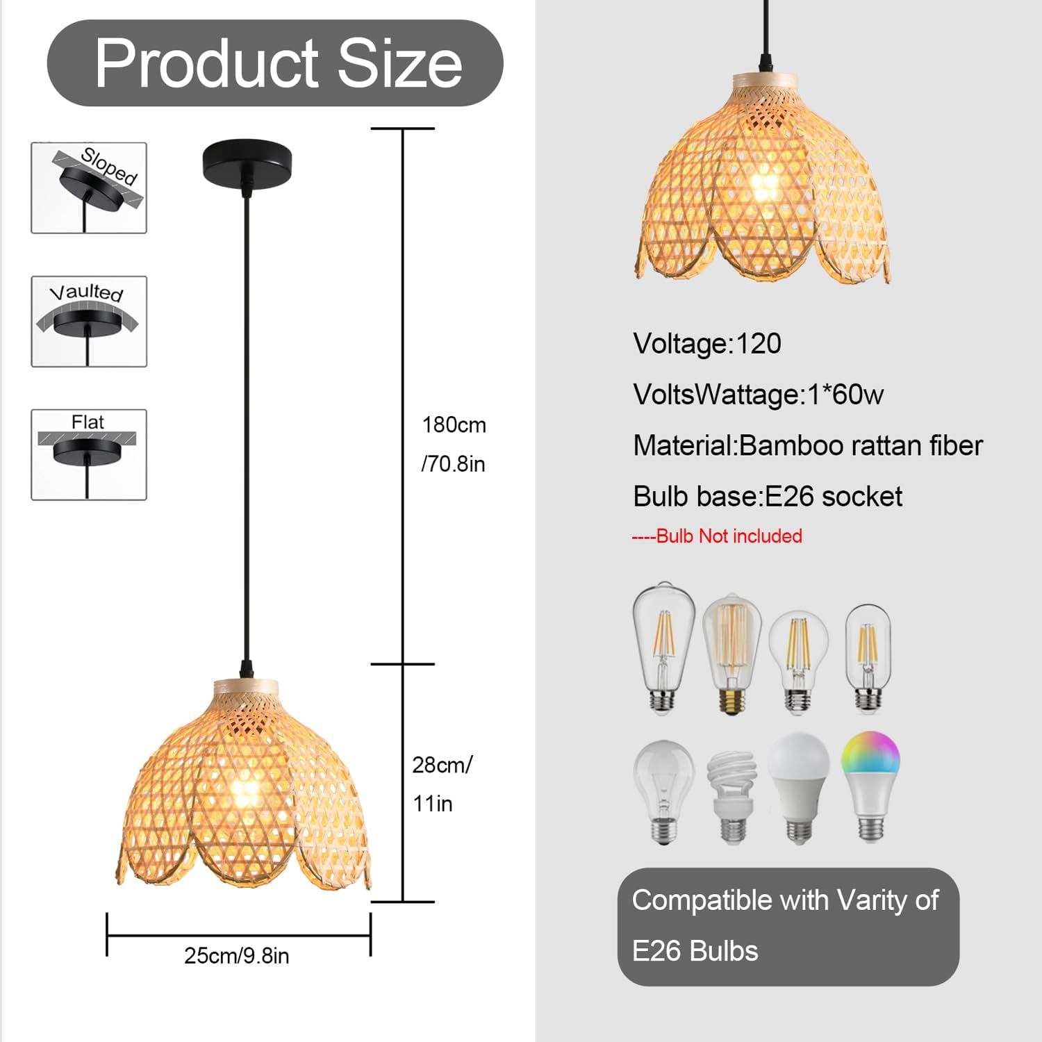 3-Pack Boho Pendant Light Fixture 9.8' Bamboo Hanging Light Mini Rattan Pendant Light,Woven Wicker Shade Rattan Chandelier for Dining Living Bedroom Kitchen Farmhouse