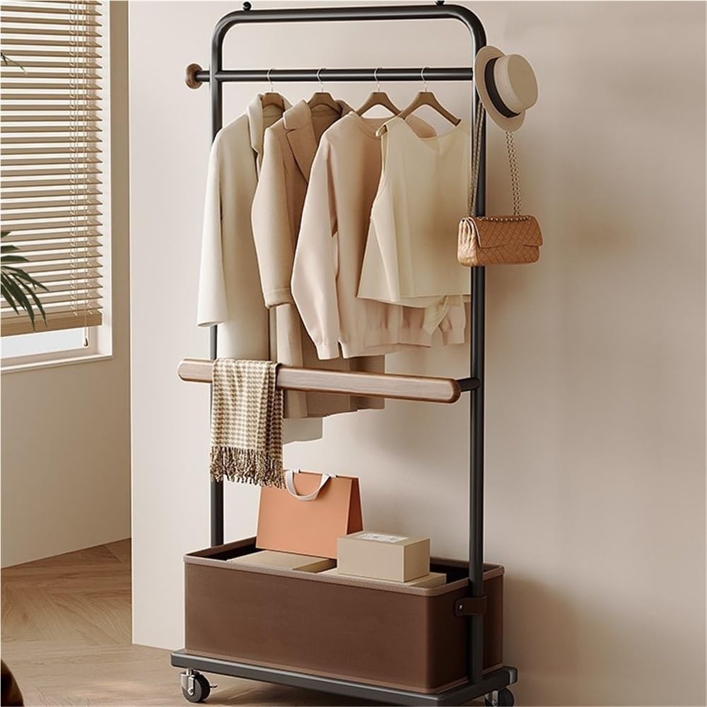 Modern Metal Coat Rack with Wheels, Freestanding Garment Rack with Storage Box, Multifunctional Clothes Rack for Living Room, Bedroom, Entryway and Office(Black,80cm/31.5in)
