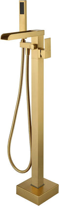 Wowkk Freestanding Bathtub Faucet Brushed Gold Waterfall Tub Filler Floor Mount Brass Single Handle Bathroom Faucets with Hand Shower