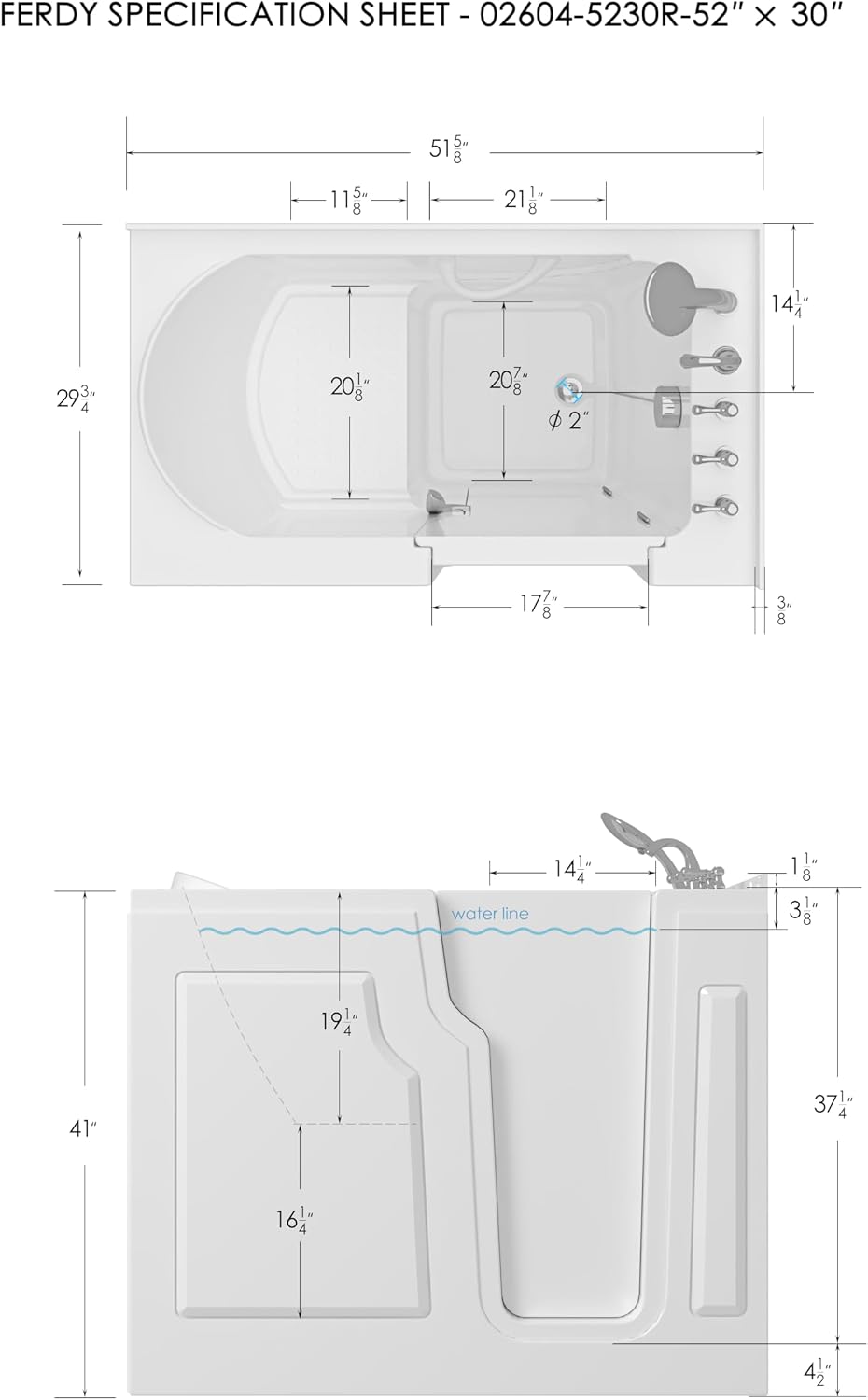 FerdY 52' x 30' Walk-in Bathtub with Right-Side Door Opening, Quick Fill and Drain System, Shower Combo with Rectangular Soaking Bathtub in White, Floridian