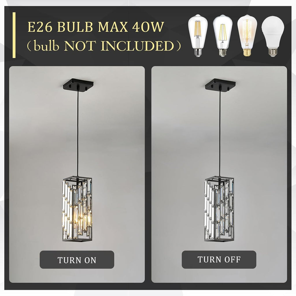 CATINER Black Crystal Pendant Lights 3 Pack, Mini Hanging Pendant Lighting Fixture with Adjustable Cord, Modern Kitchen Island Pendant Lights for Dining Room, Bedroom, Hallway, E26 Base