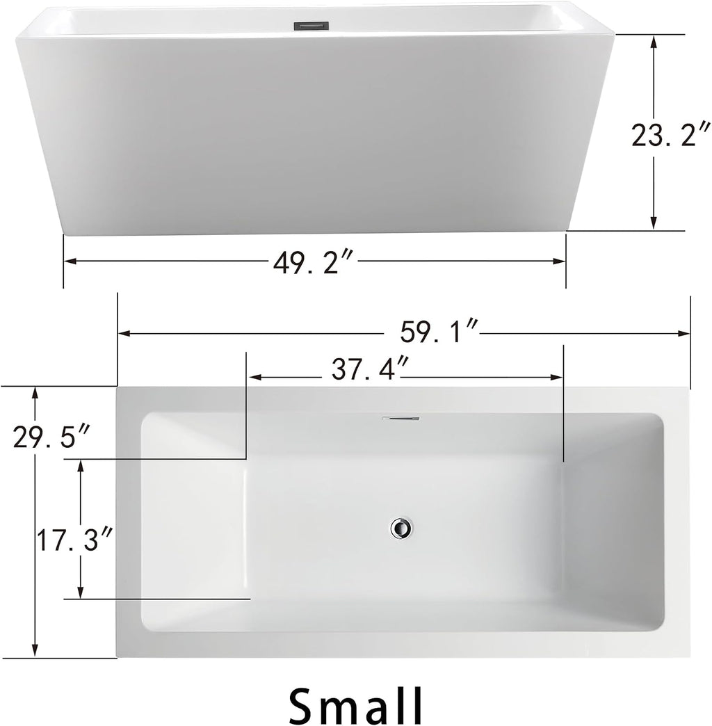 HomeBeyond 59 Inch Freestanding Bathtub | Acrylic Free Standing Tub, Square Flatbottom Freestanding Bathtub Stand Alone Tub, 49 (gallons) capacity