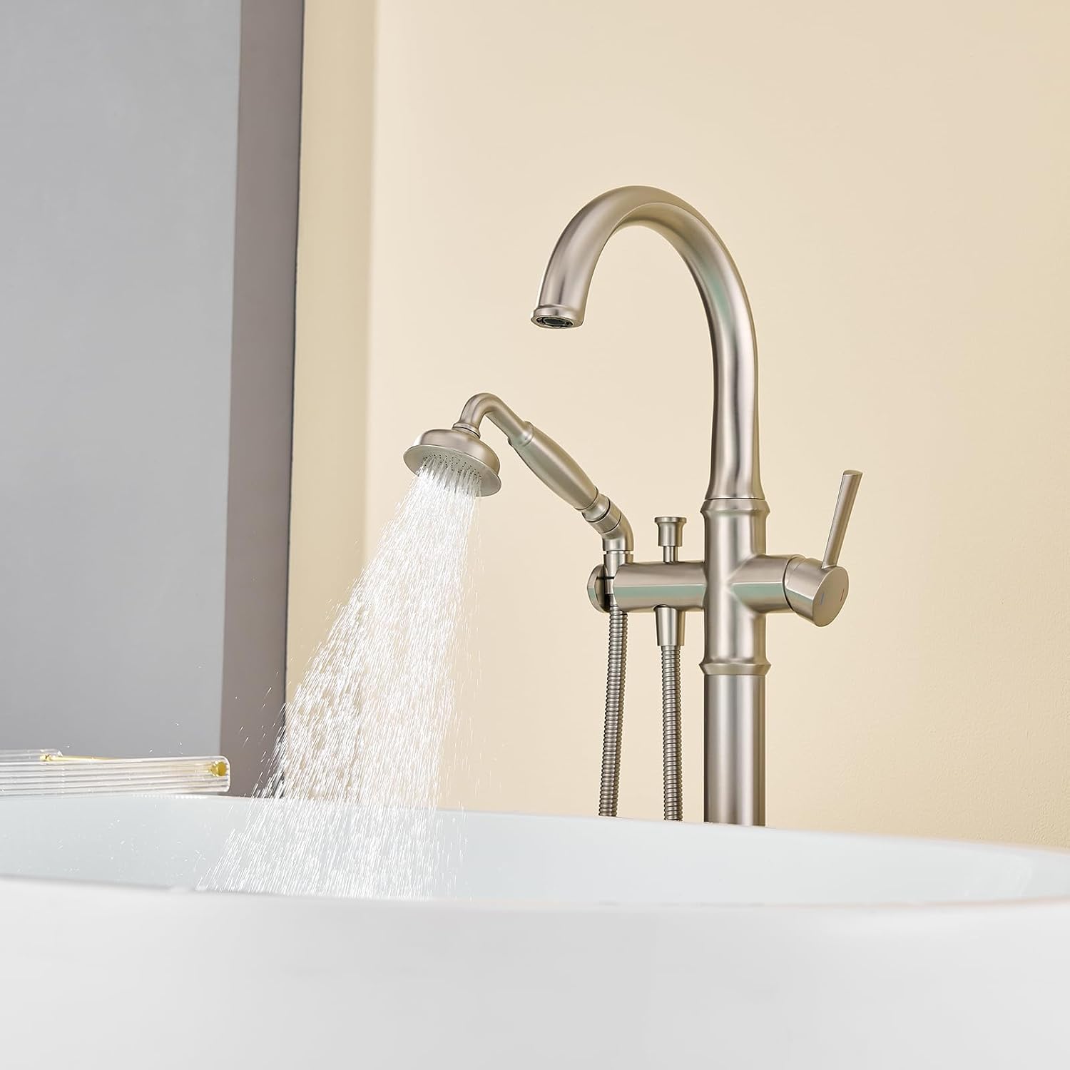 Wowkk Freestanding Tub Faucet Floor Mount Tub Filler Brushed Nickel Free Standing Bathtub Faucet Brass Bath Faucet with Hand Shower