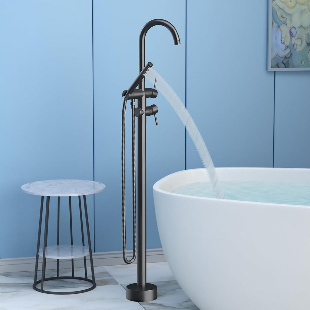 Freestanding Bathtub Faucet,Tub Filler Floor Mount Stand Bathtub Faucet Brass Bathroom Tub Faucets with 2 Function Hand Shower Wand Swivel Matte Black