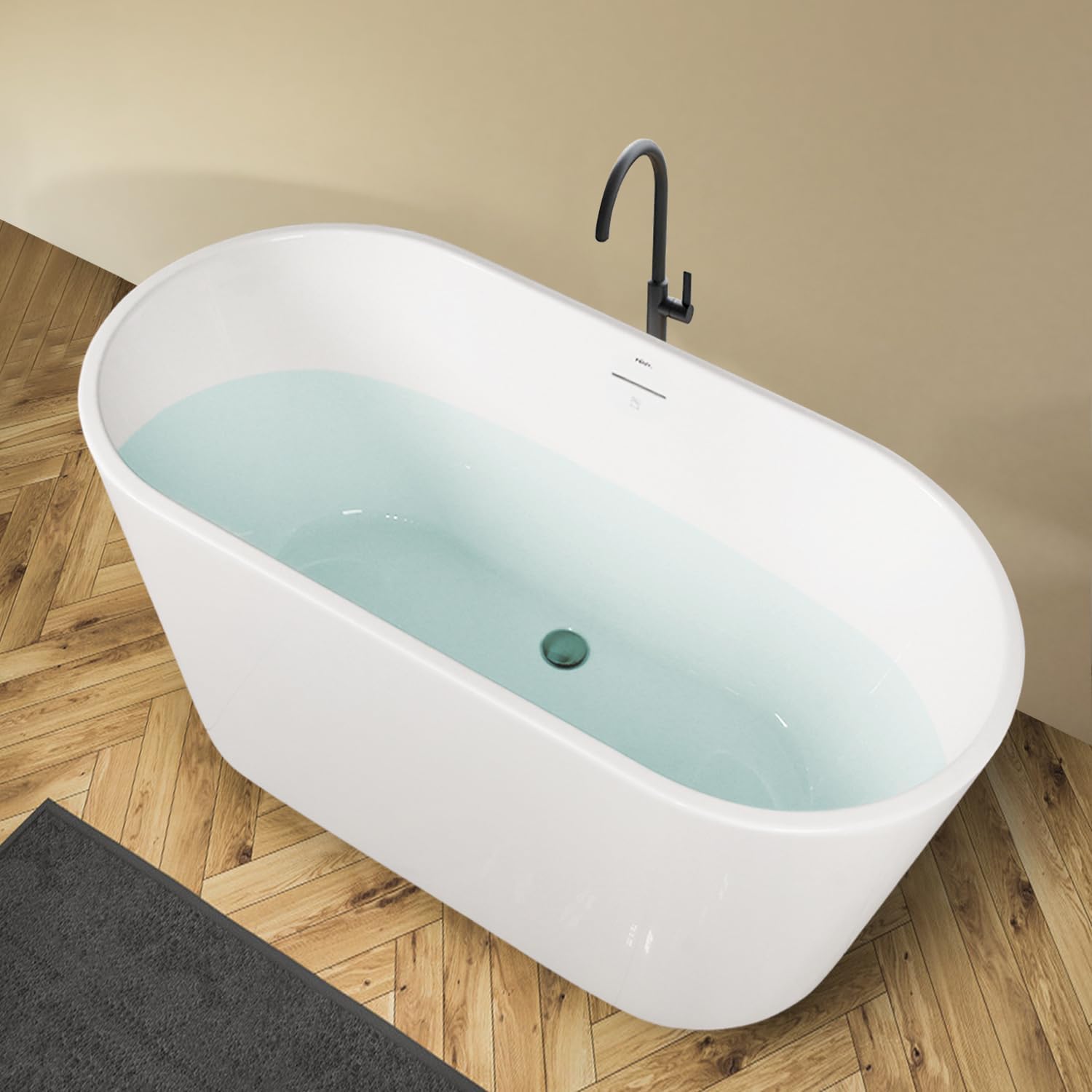 FerdY 47' Acrylic Freestanding Bathtub, Small Classic Oval Shape Acrylic Soaking Bathtub with Brushed Nickel Drain & Minimalist Linear Design Overflow, Modern White, cUPC Certified